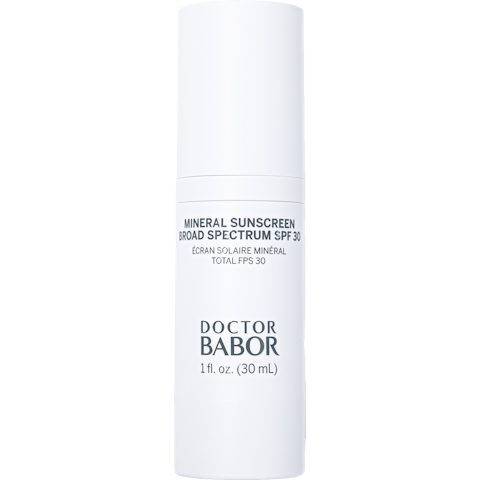 Doctor Babor Mineral Sunscreen Broad Spectrum SPF 30 in a white cylindrical pump bottle, shown against a plain white background.